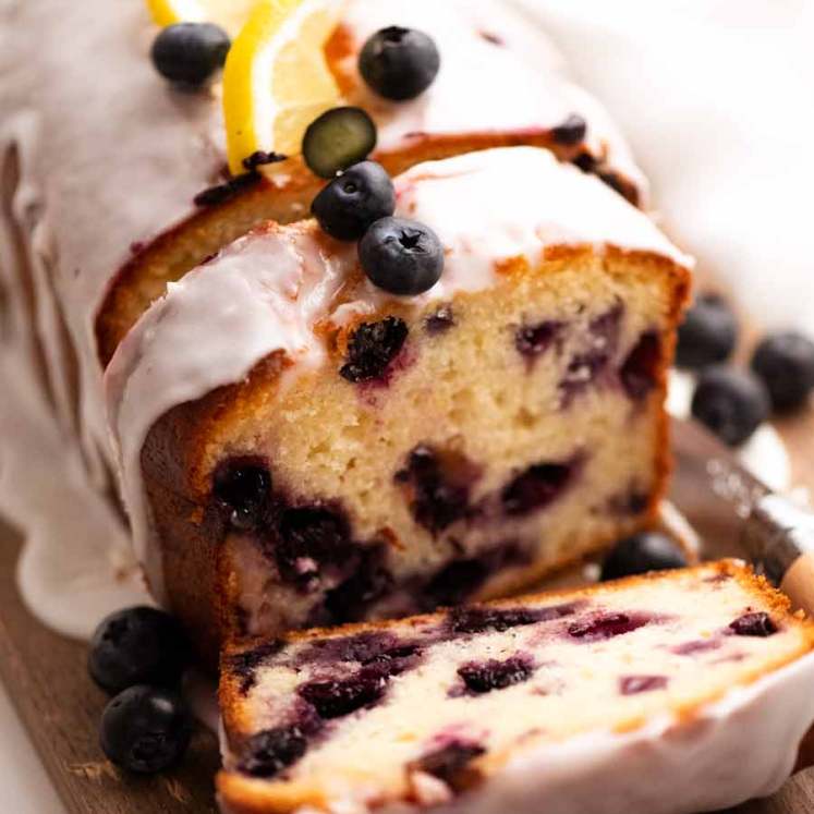Close up of slices of Blueberry Lemon Loaf , easy blueberry recipe