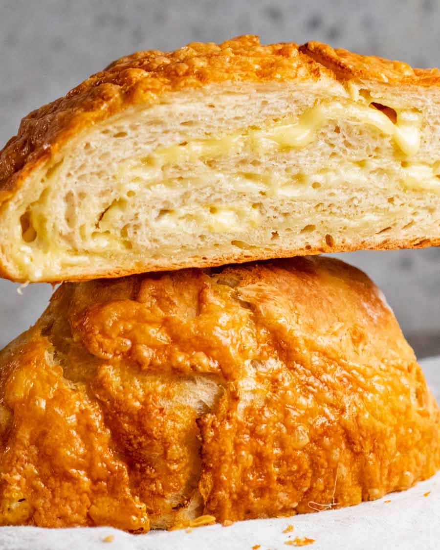 No Knead Cheese Bread ready to be eaten