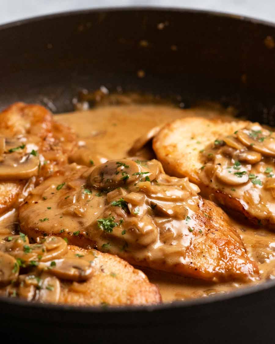 Freshly cooked Chicken Marsala ready to be served