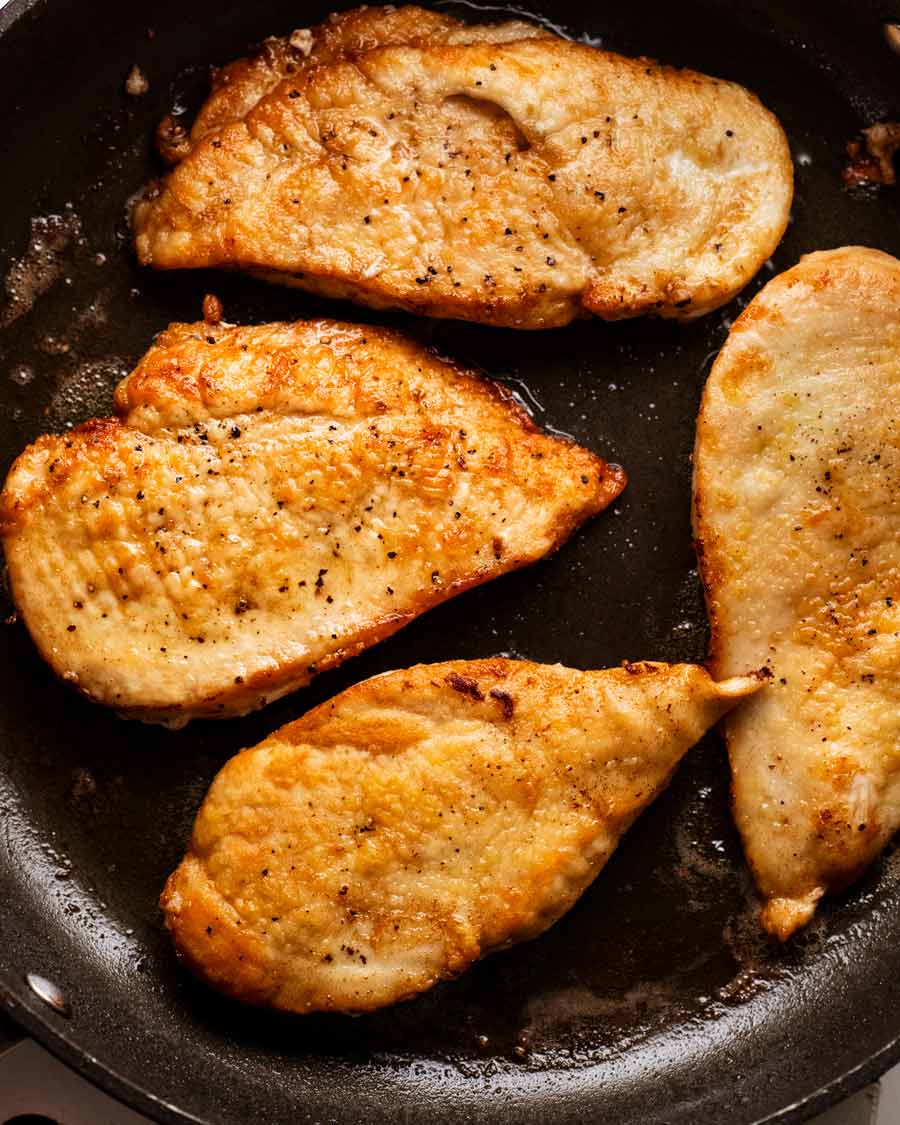 Golden pan seared chicken for Chicken Marsala