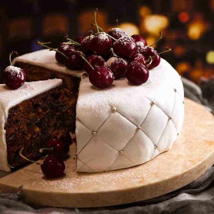 Christmas Cake - easy moist fruit cake decorated with traditional white fondant