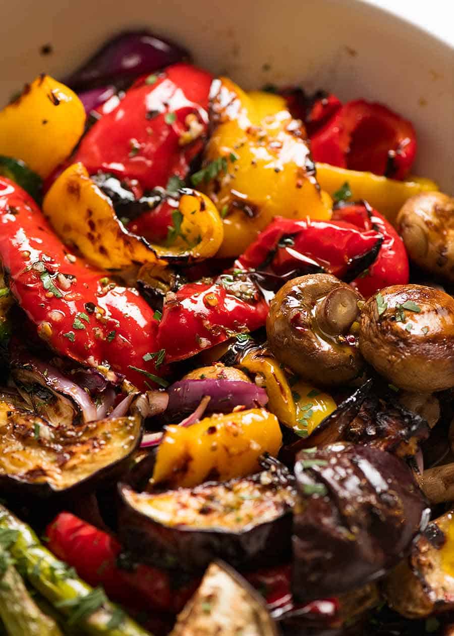 Close up photo of juicy, charred, tender crisp Marinated BBQ Vegetables