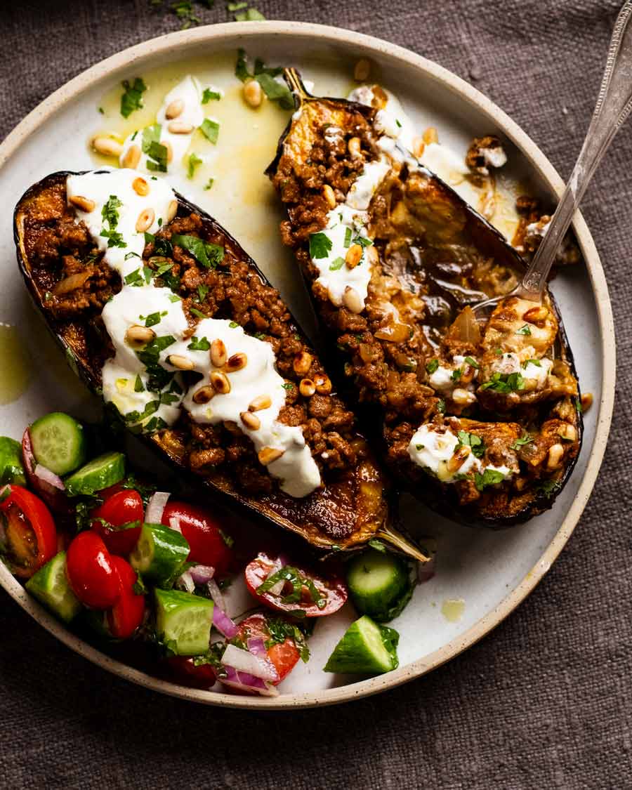 Plate of Moroccan stuffed eggplant - spiced beef or lamb