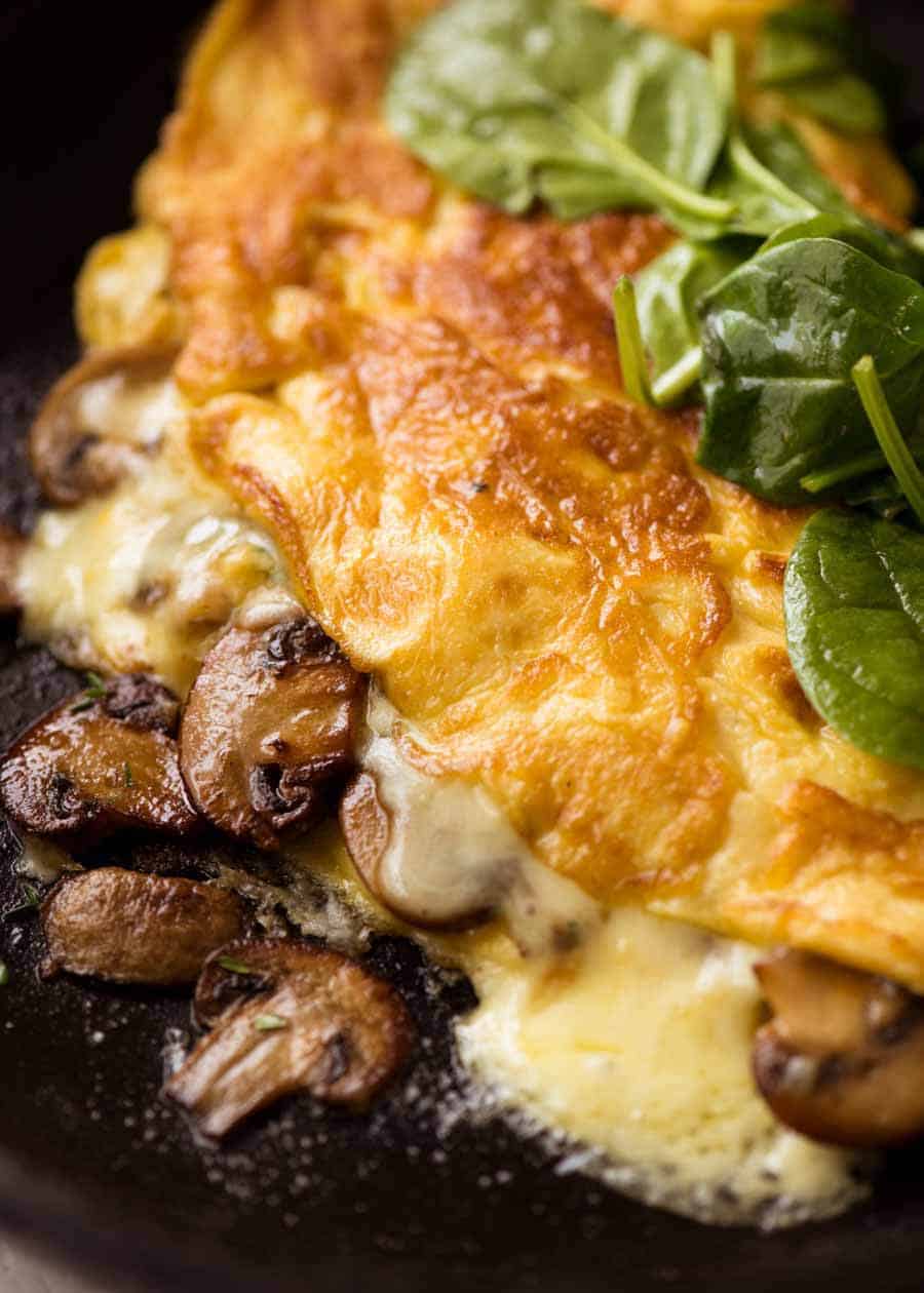 Close up of Cheesy Omelette with Garlic Butter Mushrooms
