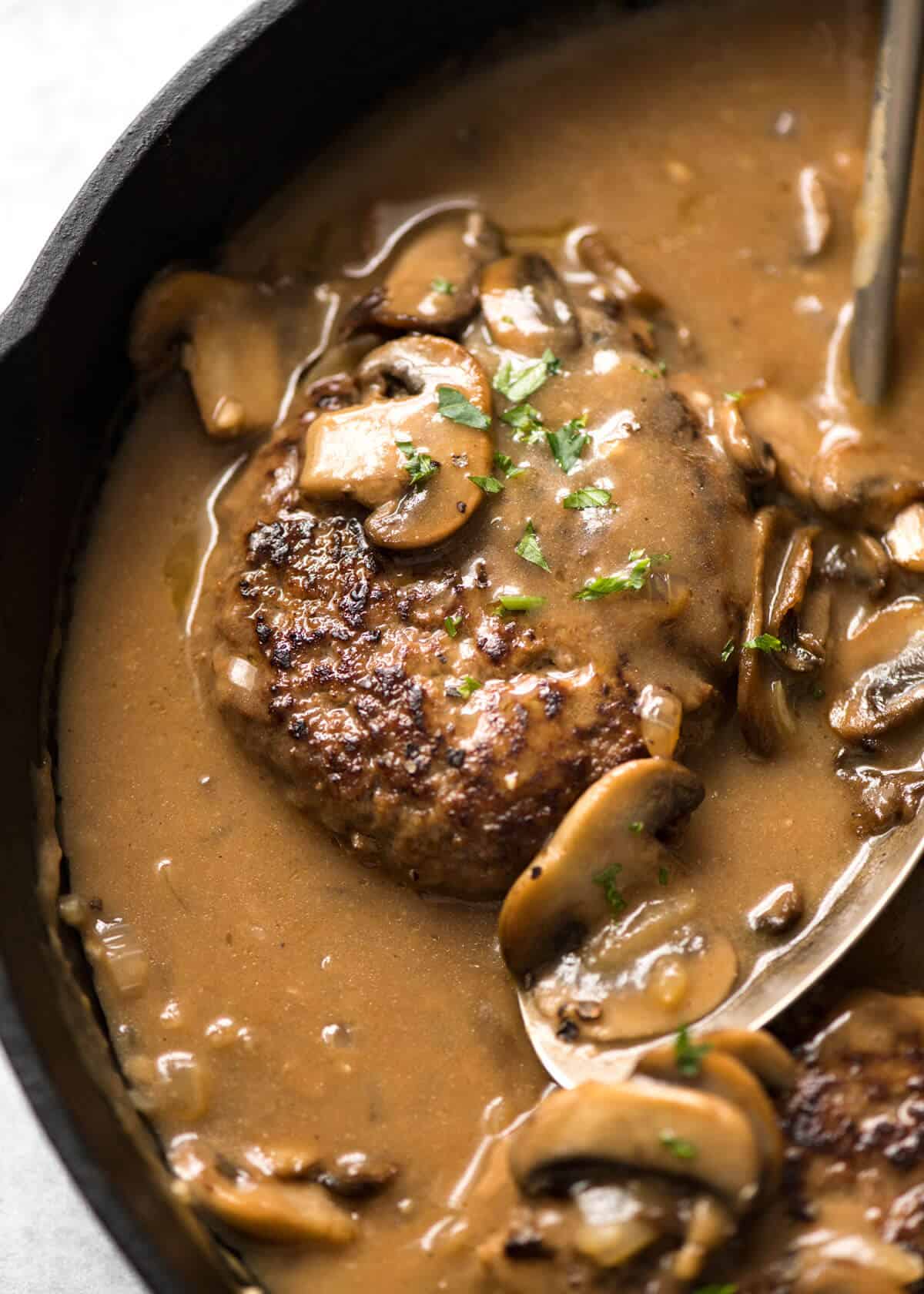 Salisbury Steak recipe in skillet.
