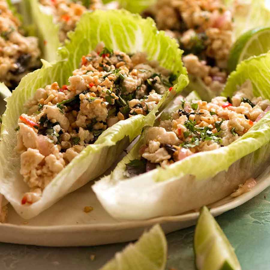 Close up of Thai Lettuce Wraps filled with chicken mince / pork mince filling