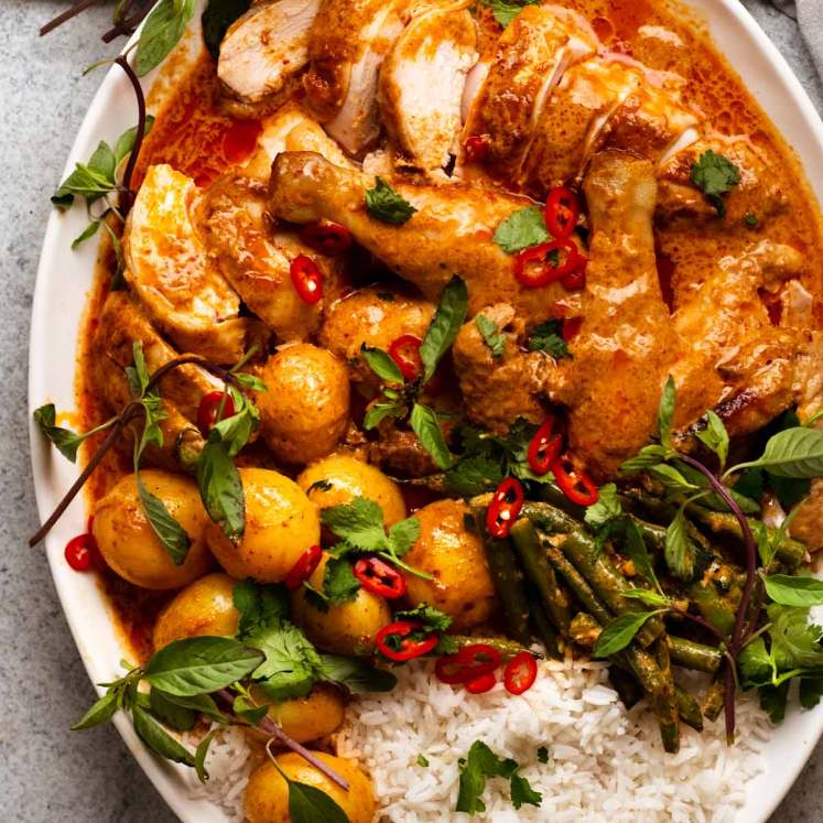 Platter of Thai red curry pot roast chicken
